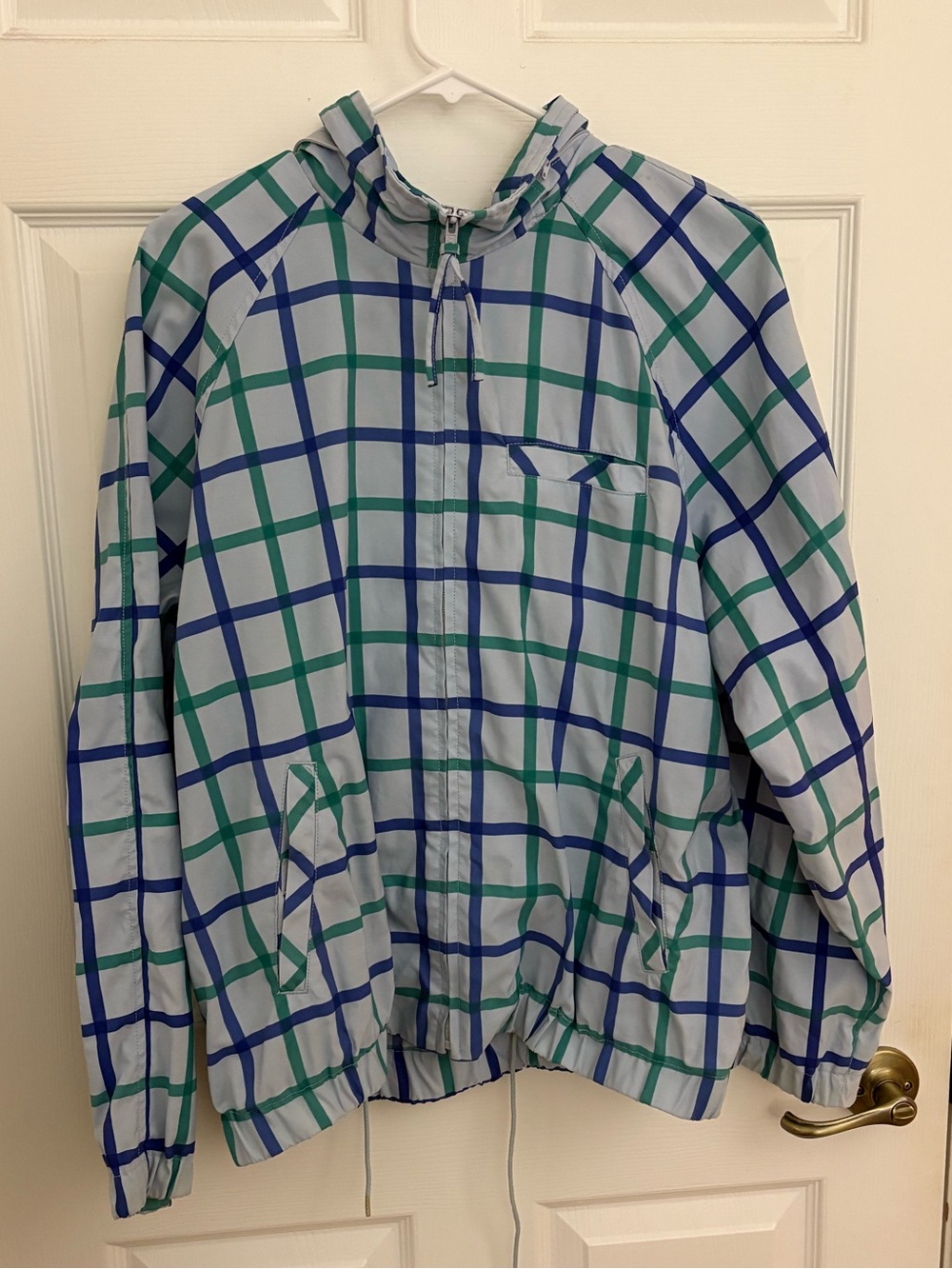 Liz Claiborne Blue and Green Plaid Hooded Raincoat
